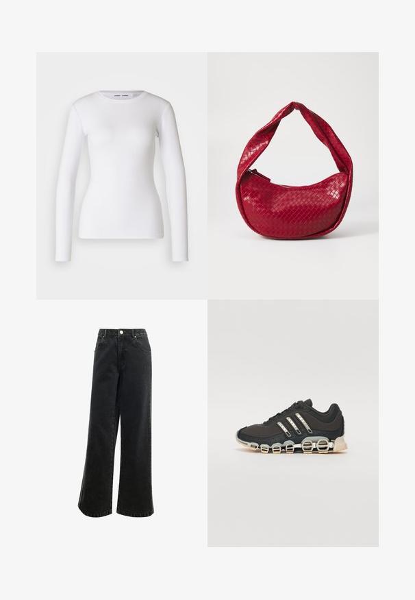 Valkoinen pitkähihaisen paita ribbatusta kankaasta, jossa on pyöreä pääntie ja kapeamuotoinen malli. Ei kuvioita tai yksityiskohtia.; Korkeavyötäröiset, leveälahkeiset mustat farkut, joissa on napitus, viisi taskua ja pieni logo brodeerattuna eteen. Teksturoitu kangas.; Musta urheilujalkine, jossa on teksturoitu päällinen, kolme hopeista raitaa ja erottuva vaimennustuli, jonka rakenne koostuu useista integroituista osista.; Punainen kudottu nahkakäsilaukku, jossa on kaareva, pehmustettu kahva, vetoketjukiinnitys ja teksturoitu pinta, joka heijastaa kiiltävää hohtoa.