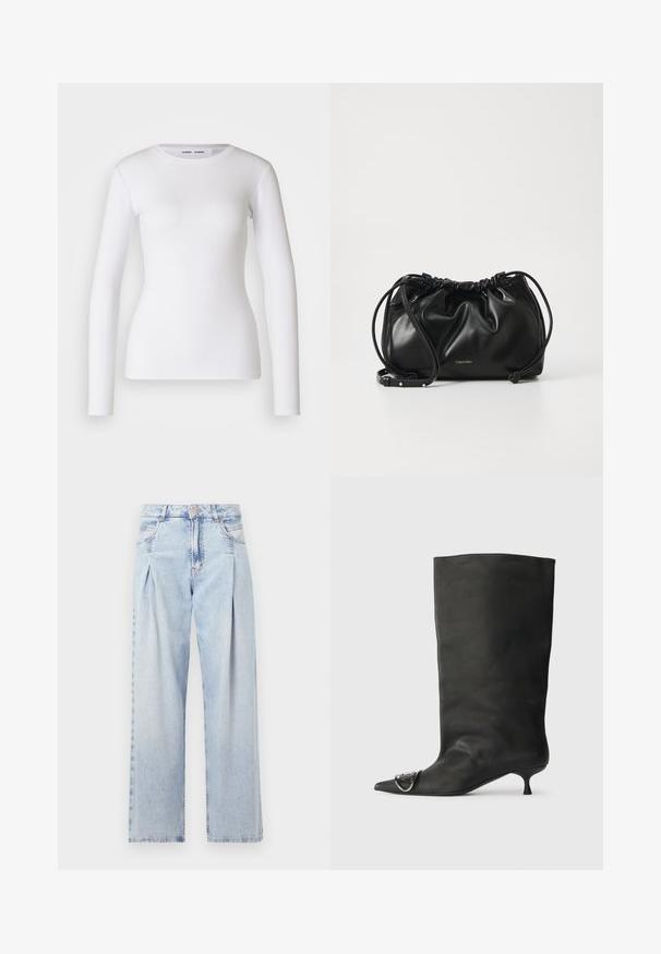 White long-sleeve shirt made of ribbed fabric, featuring a round neckline and fitted shape. No patterns or accents are present.; Light blue denim jeans with a high waist, wide-leg cut, two side pockets, and pleated design feature. Soft texture with a faded finish.; Black leather ankle boot with a pointed toe, small heel, and metallic accent detail on the toe. Smooth, matte texture throughout.; Black leather handbag with gathered design, dual drawstring closure, and detachable shoulder strap. Features metallic logo detail.