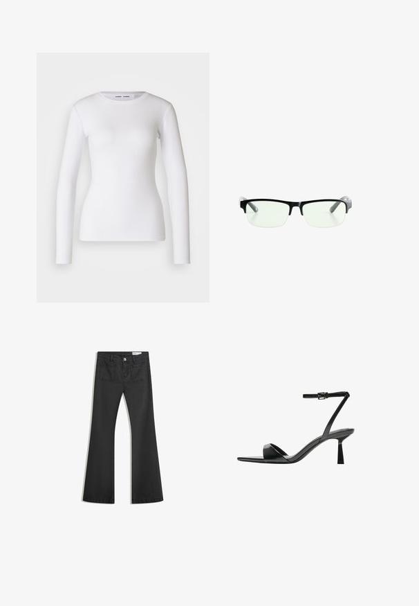 Biely dlhý rukáv tričko vyrobené z rebrovanej látky, s okrúhlym výstrihom a priliehavým strihom. Neobsahuje vzory ani akcenty.; Čierne rozšírené džínsy vyrobené z denimu s hladkou textúrou, obsahujúce dve zadné vrecká a zapínanie na gombík v páse.; Bershka Sandále na vysokom opätku - black; Čierne obdĺžnikové okuliare s priehľadnými sklami, majú elegantné čierne rámy a šedé priehľadné konce straníc. Minimalistický dizajn, bez viditeľného loga.; Hnedá semišová taška cez rameno s dvoma dlhými popruhmi, sťahovacou šnúrkou a minimalistickým dizajnom. Hladký povrch a žiadne viditeľné kovové doplnky.