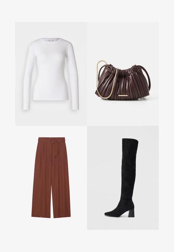 Witte longsleeve shirt van ribstof, met een ronde halslijn en een getailleerde vorm. Er zijn geen patronen of accenten aanwezig.; Brunnen wijduitlopende broeken van stof, met een riem met een vierkante gesp, geplooid ontwerp en een gladde textuur.; Zwarte suède kniehoge laars met blokhak, spitse neus en een glad, naadloos ontwerp op een effen lichte achtergrond.; Bordeaux geplooide leren handtas met een gouden kettinghandvat en een kleine rechthoekige hardwareaccent. Zachte textuur, ronde vorm en elegant ontwerp.