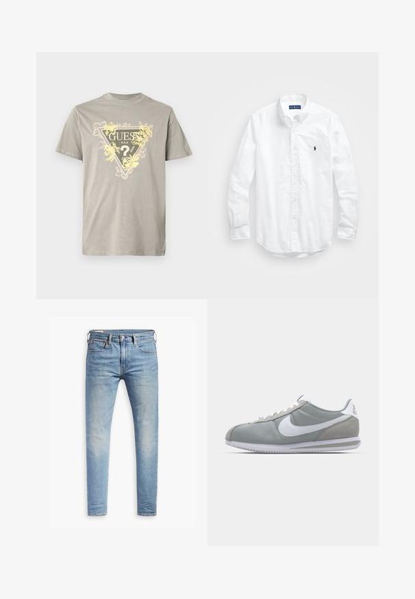 Halli puuvillane t-särk, millel on kolmnurkne graafika koos sõnaga "GUESS" ja kollaste lilledega. Ümar kaelus, lühikesed varrukad ja tavapärane lõige.; Valge pikkade varrukatega kotitõmblusega särk puuvillast. Omab klassikalist kraed, nööpidega mansette ja väikest tumesinist tikandit rinnal.; Heledad hallidega helesinised kitsad teksad, millel on kerge kulumine reitel, ees nupuga sulgemine, vöölõngad ja viie taskuga stiil, valgel taustal.; Hallitus hallikets pro piletse ja teki, valge Nike swoosh ja valged paelad. Omab tekstuuriga kummitalda ja polsterdatud krae.