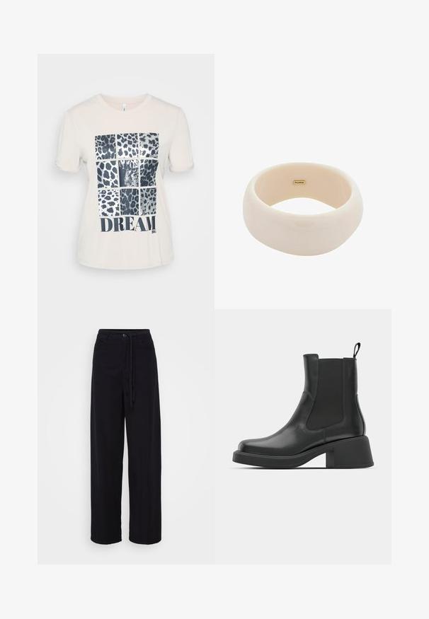 Krēmkrāsas kokvilnas T-kreklis ar īsām piedurknēm, kuram ir attēls ar deviņām leoparda raksta kvadrātu un vārds "DREAM" treknā melnā burtu izpildījumā.; Melnas plašas bikses ar aukliņu jostasvietā, pogu aizdari un divām sānu kabatām. Izgatavotas no viegla auduma ar gludu tekstūru.; Melna ādas potītes zābaki ar elastīgām sānu daļām, noapaļota purngala forma un masīls blokveida papēdis. Gluda tekstūra un minimālisma dizains.; Spīdīga bežīga aproce, izgatavota no gludas sveķu materiāla. Apaļa forma ar vienmērīgu virsmu un nelielu zelta logotipu iekšpusē.