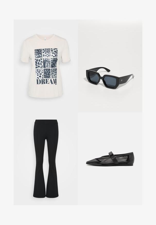 Cremefarbiges Baumwoll-T-Shirt mit kurzen Ärmeln, das ein grafisches Design aus neun Leopardenmuster-Quadraten und dem Wort "DREAM" in fetten schwarzen Buchstaben zeigt.; Schwarze, ausgestellte Hosen aus dehnbarem Material mit hohem Bund und glatter Textur. Die Hose weitet sich ab dem Knie.; Schwarzer flacher Schuh mit spitzem Zeh, seitlichen Einsätzen aus Netzgewebe und einem Riemen mit einer Schnallen-Detail. Glatte Oberfläche an der Zehen- und Fersenpartie.; Schwarze, übergroße Sonnenbrillen mit geometrischem Design, rechteckigen Gläsern und glänzender Oberfläche. Keine sichtbaren Markenkennzeichnungen auf der Vorderseite.
