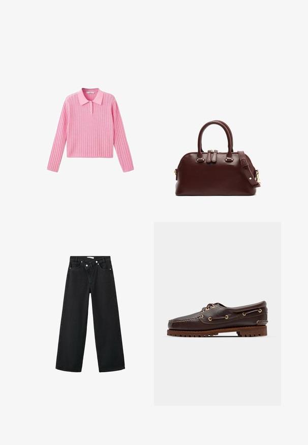 Rosa geripptes Sweatshirt mit langen Ärmeln und Kragenhals, das drei Knöpfe am Kragen und einen verkürzten Saum hat.; Hochtaillierte schwarze Denim-Jeans im weiten Bein-Design, im Fünf-Taschen-Stil, mit silberner Metallbeschläge vorne zum Schließen.; Braune Lederbootsschuhe mit goldenen Ösen, runden Schnürsenkeln und einer strukturierten braunen Gummisohle. Verfügt über genähte Details und ein erhabenes Logo.; Burgunderfarbene Lederhandtasche mit doppelten Traghenkeln, abnehmbarem Schultergurt, goldfarbenen Hardware-Akzenten und runder Form. Mit Reißverschlussverschluss.