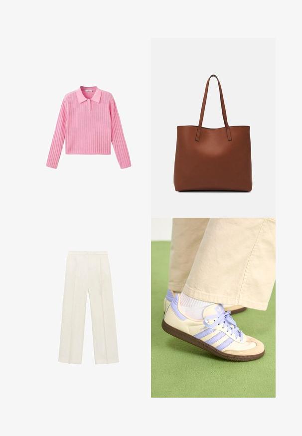 Roze geribbelde trui met lange mouwen en een kraaghalslijn, voorzien van drie knopen bij de kraag en een cropped zoom.; Wijdgevallen broeken in een lichtcrème kleur. Gemaakt van een zachte stof met plooien aan de voorkant en zijzakken.; Crème- en lavendel-sneakers met drie strepen en een gestructureerde bruine zool, voorzien van veters en een gewatteerde hiel. Zachte stoffen bovenkant.; Bruine leren tote bag met een gladde textuur, een ontwerp met een open bovenkant en twee schouderbanden. Kenmerkt zich door minimale stiksels en geen zichtbare hardware.