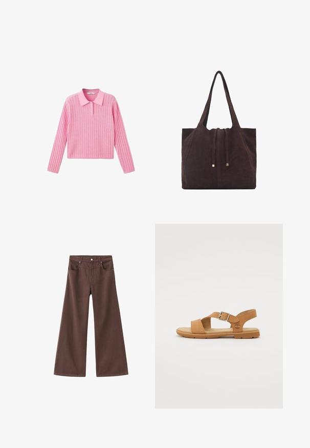 Pink ribbed sweater with long sleeves and a collared neckline, featuring three buttons at the collar and a cropped hem.; Brown wide-leg jeans made of denim. Features five pockets, a zip fly, and metal rivets. Smooth texture and classic design.; Brown leather sandal with a buckle, open toe, and footbed cushioning. Features a flexible rubber sole and embossed logo detail.; Mango Tote bag - dark brown