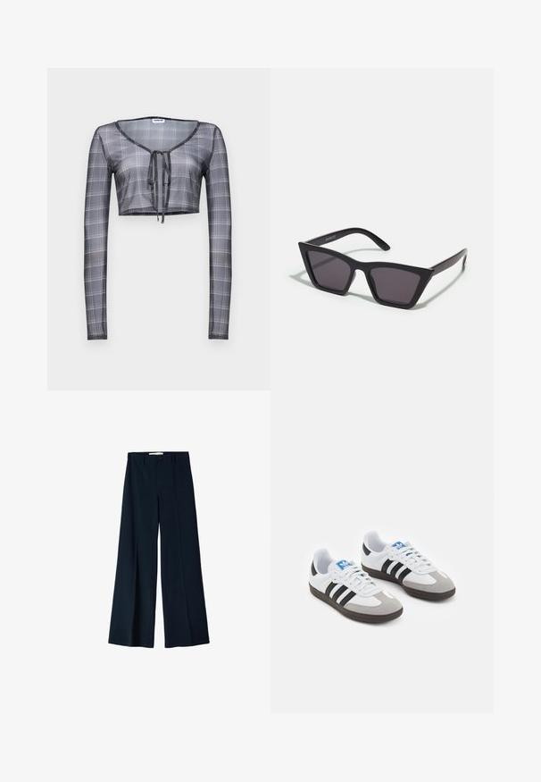 Top scurt cu mânecă lungă din țesătură gri transparentă, cu un model în carouri, având decolteu în V și închidere cu fundiță în față.; Pantaloni largi de culoare bleumarin, confecționați dintr-un material neted, cu două pliuri frontale și o închidere cu un singur buton la talie.; Încălțăminte sport cu un superior din piele albă, vârf din suede gri și trei dungi negre. Prezintă un logo albastru pe limbă și o talpă din cauciuc texturat.; Ochelari de soare negri, unghiulari, cu lentile gri; fabricați din plastic, având brațe groase cu o suprafață netedă și fără hardware vizibil.