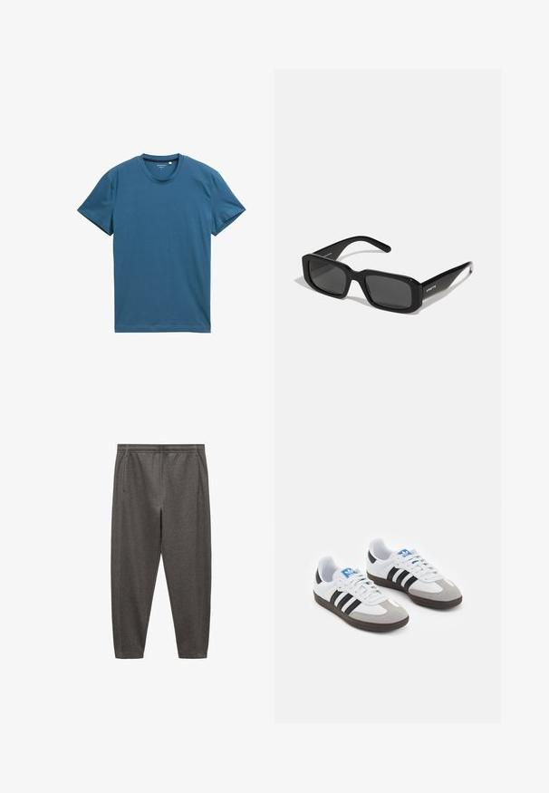 Kortærmet t-shirt i dyb teal, lavet af blød bomuld. Har en rund halsudskæring og en glat, jævn tekstur med enkle syninger.; Grå joggingbukser lavet af blødt materiale, med elastisk talje, sidelommer og en tapered ben design.; Sportsko med en overdel i hvid læder, grå ruskind på tåen og tre sorte striber. Har et blåt logo på tungen og en struktureret gummisål.; Arnette THEKIDD UNISEX - Solbriller - black