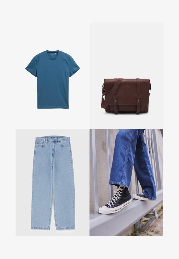 Kortærmet t-shirt i dyb teal, lavet af blød bomuld. Har en rund halsudskæring og en glat, jævn tekstur med enkle syninger.; Lyseblå denimjeans med straight leg-design, der har en mid-rise talje, fem lommer og en lukning med knap og lynlås.; Sorte høj-top sneakers med hvid sål og snørebånd, parret med løse blå denimjeans, hvilende på et gråt gelænder.; Brun læder buddeltaske med en flad frontklap, to remme, guld hardware detaljer og en justerbar skulderrem.