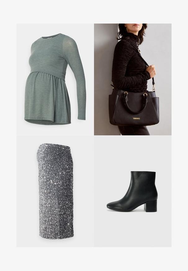 MAMALICIOUS MLANABELLA JUNE - Longsleeve - laurel wreath melange; Zilverkleurige jurk met pailletten, voorzien van een aansluitende pasvorm, een gladde textuur en een verloop patroon van donker naar lichtgrijs, met een korte zoom.; Zwarte leren enkellaarzen met een spitse neus en een chunky hak. Gladde textuur met minimale accenten en een slank, strakk ontwerp.; Zwarte handtas met gestructureerd oppervlak, dubbele bovenhandvatten en verstelbare schouderriem. Voorzien van goudkleurige hardware en zijzakken.