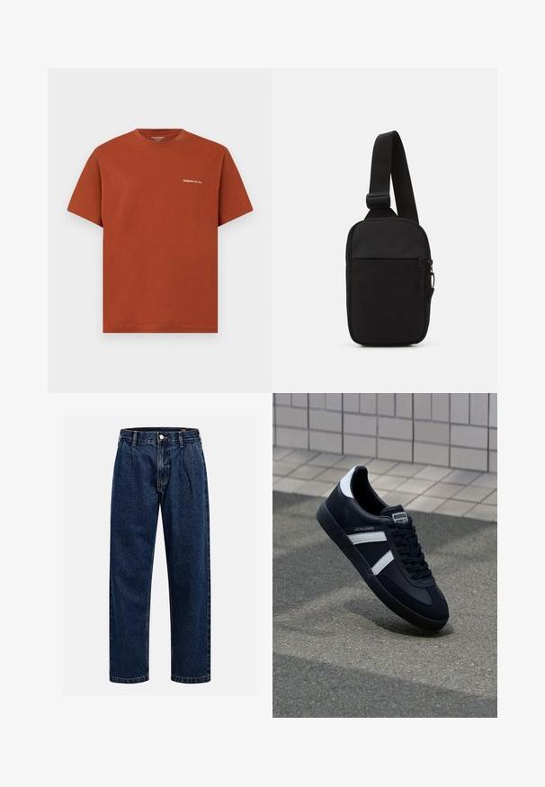 Short-sleeve t-shirt in rust orange cotton with a crew neck and small white "Originals" text on the left chest area.; Dark blue denim jeans with a straight-leg design. Features visible stitching, a button closure, and front pleats for added detail.; Black leather sneaker with white stripes, textured rubber sole, and lace-up front. Features a branded label on the tongue.; Black crossbody bag made of durable fabric, featuring a single adjustable strap, a zippered main compartment, and a front pocket.