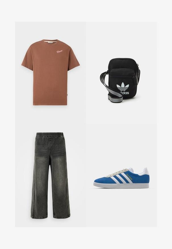 Pruun lühikeste varrukatega T-särk ümarate servadega, mille vasakus ülanurgas on valge kirjatüüp "Pompeii" logo.; Mustmust värvi denim püksid elastse vöökoha ja laiade jalgadega, millel on külgedel peened vertikaalsed õmblusdetailid.; adidas Originals ADIDAS GAZELLE SHOES - Saalijalgpalli saapad - real madrid/bluebird/footwear white/crew yellow; Mustmust värvi risti koti, millel on tõmblukuga sulgemine, valge Adidas'i logo ja triibuline reguleeritav rihm mugavaks kandmiseks.