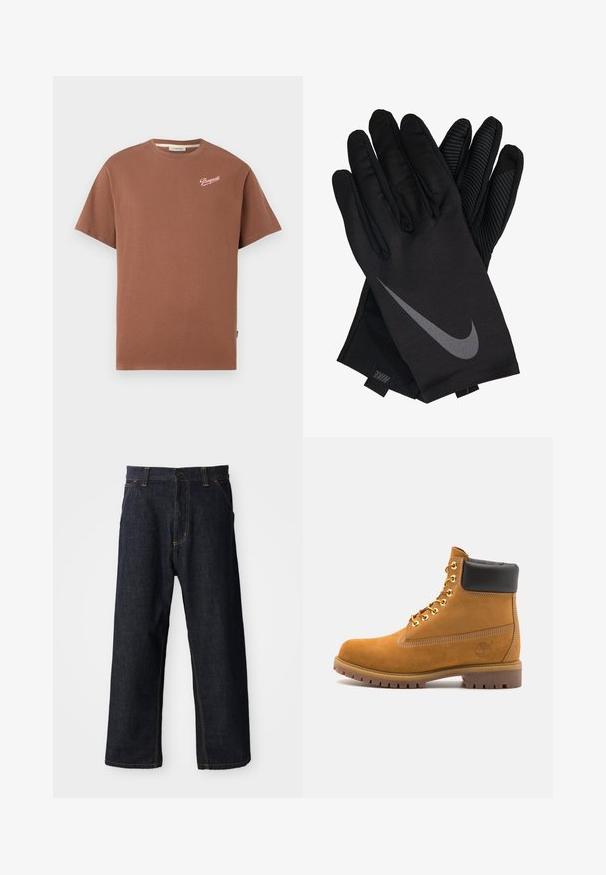 Brun kortermet T-skjorte med rund hals og "Pompeii"-logo i hvit skrift på venstre øvre bryst.; Mørkeblå denimbukser med rett ben-design, som har gul søm, frontlommer og knappelukking i livet.; Beige semskede ankelstøvel med svart polstret krage, gullmetalløyer, hvite sømdetaljer og robust gummisåle med påfallende mønster.; Svarte Nike-hansker med en jevn stofffinish, med en grå swoosh-logo og teksturert grep på håndflaten og fingrene.