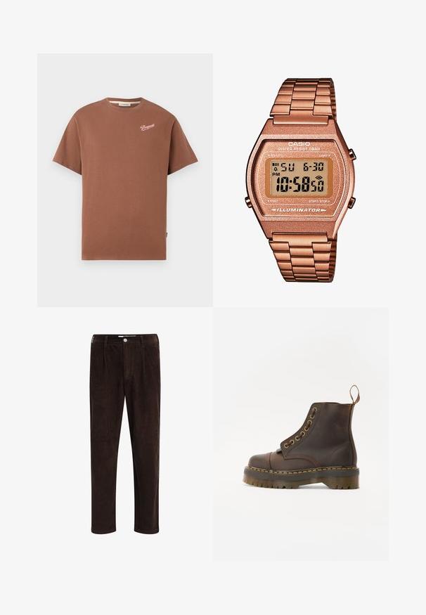Bruine T-shirt met korte mouwen en ronde hals, met het "Pompeii" logo in witte schrijfletters op de bovenste linkerkant van de borst.; Redefined Rebel JOHN COMFORT FIT - Broek - demitasse; Bruine leren enkellaars met een ronde neus, contrasterende gele stiksels, decoratieve metalen oogjes en een gegroefd rubberen zool.; Digitale Casio horloge met een roségouden metalen band, rechthoekige kast, verlicht display en waterdicht, toont tijd en datum.