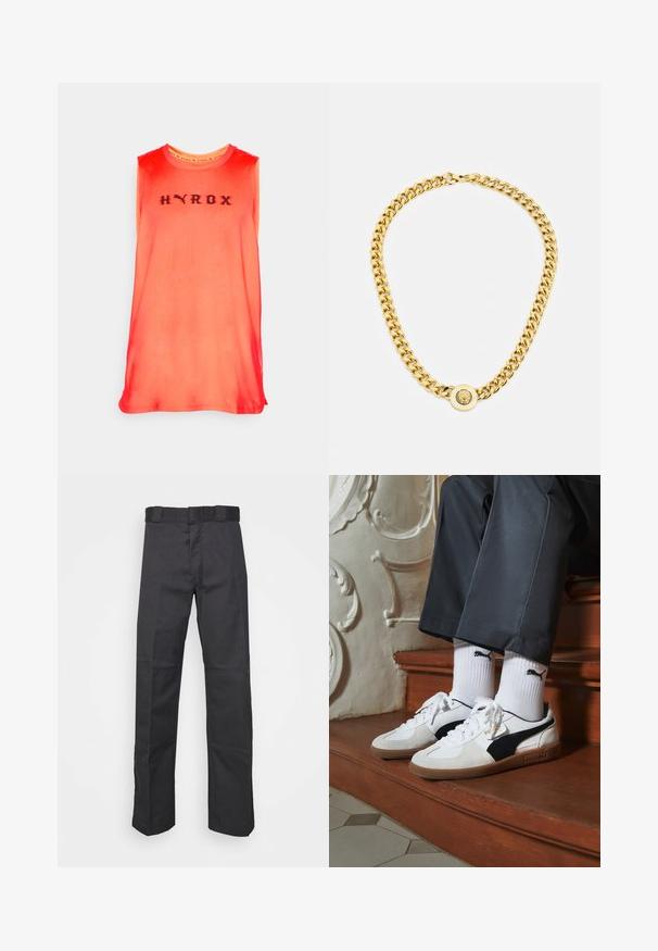 Canotta sportiva senza maniche in gradiente rosso e arancione, con il logo nero "HYROX" sul petto. Realizzata in un tessuto morbido con una vestibilità rilassata.; Pantaloni neri realizzati in tessuto resistente, con un design a gamba dritta, una cintura con passanti per la cintura e cuciture per una maggiore texture.; Sneakers Puma in suede bianco e nero, con suola in gomma marrone. Abbinati a calzini bianchi con logo nero, indossati con pantaloni scuri.; Collana in oro con grandi anelli intrecciati, caratterizzata da un dettaglio pendente circolare al centro con un emblema in rilievo.