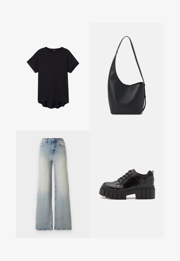 Černé tričko s krátkým rukávem vyrobené z jemné látky. Má kulatý výstřih a mírně delší zadní lem. Hladká textura, bez vzorů nebo kovových prvků.; Světle modré široké džínsy vyrobené z denimu, s vysokým pasem, pěti kapsami a viditelným švem podél švů.; Černé kožené platformové boty s masivním blokovým podpatkem, kulatou špičkou a tradičním šněrováním. Mají hladký povrch a minimální detaily.; Černá kožená hobo taška s hladkým povrchem, zakřiveným tvarem a jedním nastavitelným popruhem; má široké otevírání nahoře.