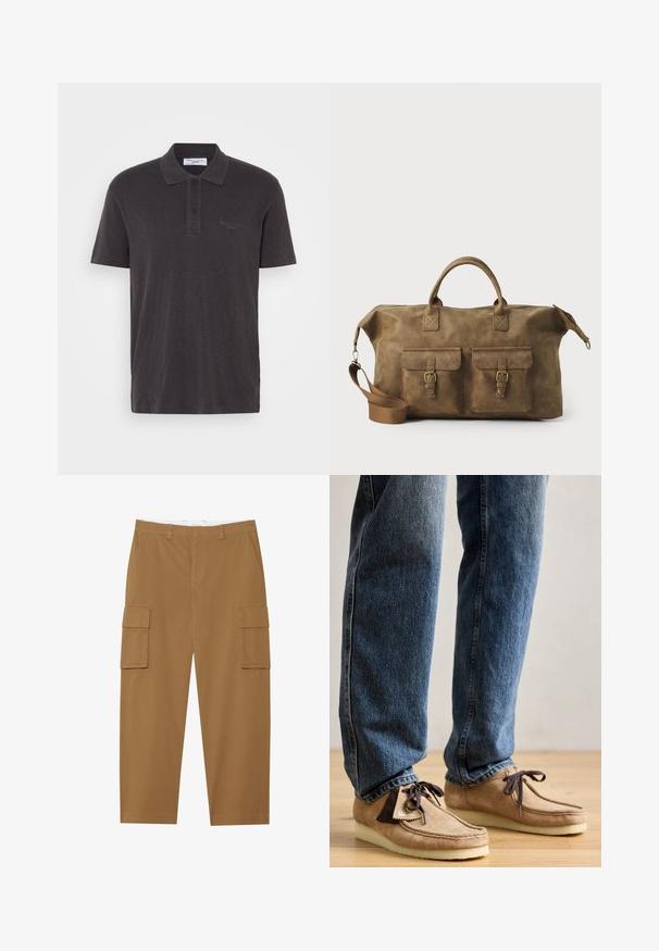 Donkergrijze polo met korte mouwen, gemaakt van zachte stof, met een knoopsluiting met twee knopen en een subtiele logo op de linkerborst.; Bruine cargobroek met twee zijzakken, een vlakke voorkant en een rechte pijp. Gemaakt van een duurzame stof met een gladde textuur.; Suède mocassins in tan met een donkerbruin accent, ronde neus en een zachte witte zool. Beschikt over een vetersluiting en gestikte details.; Bruine leren weekendtas met twee voorzakken, verstelbare schouderband, gouden hardware en stevige handvatten aan de bovenkant. Strakke textuur.