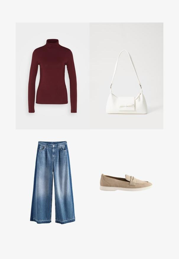 Pieces PCSIRENE ROLLNECK - Pikkade varrukatega topp - tawny port; Kergelt sinine kuni keskmise sinise tooniga laiemad denimipüksid, millel on kulunud pesu, klassikalised taskud ja nööbiga sulgur. Vastupidav puuvillane materjal.; Bež nubukist mokassiinid, millel on ümmargune nina, omavad õmblusega aktsenti ja painduvat valget kummist tallat mugavuse tagamiseks.; Valge sünteetilisest materjalist kott kolmnurkse kujuga, lame esiklapiga ja kaaredetailiga, reguleeritava rihmaga, sileda tekstuuriga ja minimalistliku disainiga.