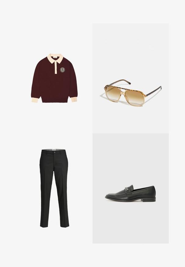 Bordo majica s dugim rukavima i polu-kragnom kremaste boje, s dugmetima na prednjem dijelu i kružnim logom "Prohibited Berlin" na lijevoj strani prsnog koša.; Crne hlače, krojene u prilagodljivom fitu, glatka tkanina, srednji struk, prednje kopčanje na dugme, dijagonalni džepovi i pregibi duž nogu.; Crna kožna loafer cipela s glatkom finišem, s ušivenim uzorkom i dekorativnim metalnim lancem preko prednjeg dijela. Ravni potplat.; Naočale od kornjačevine s pravokutnim okvirom, smeškim gradijentnim staklima i elegantnim crnim drškama s suptilnim logotipom.