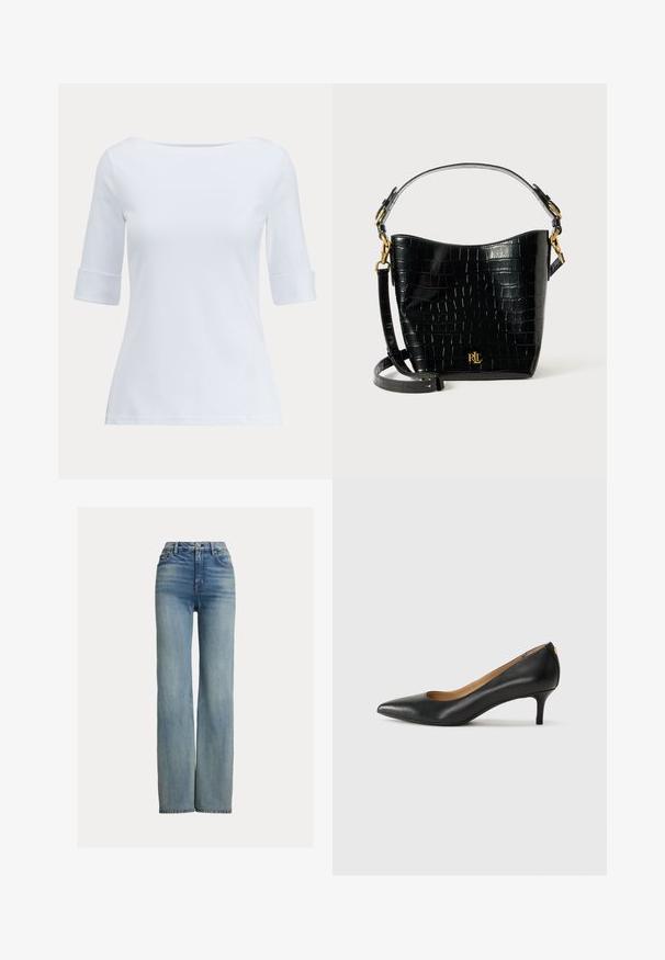 Balts, pieguļošs tops ar plašu kakla izgriezumu un trīs ceturtdaļu piedurknēm, ar sarullētām aprocēm. Izgatavots no gludas, vieglas auduma.; Augstās vidukļa taisnās kājas zilos džinsos ar priekšējām kabatām, jostu cilpiņām un pogu aizdari, ar maigi izbalējušu detaļām.; Melnas ādas augstpapēžu kurpes ar pīlādžu purngalu, zemu papēdi un gludu virsmu. Raksturīga neliela atvere priekšā un minimāls aprīkojums aizmugurē.; Melnas krokodila raksts ādas soma ar izliekta formu, zelta aparatūru, regulējamu siksnu un logotipa detaļu priekšpusē.