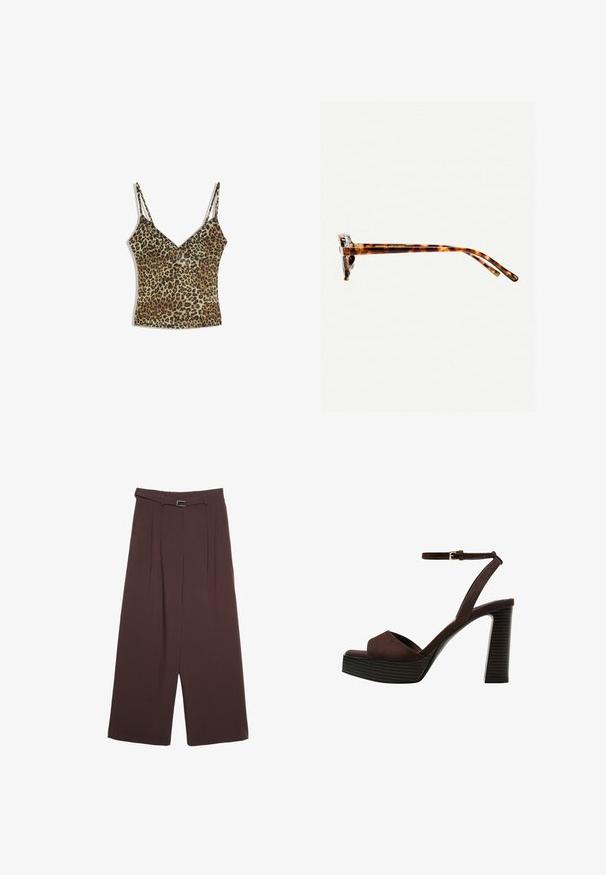 Leopardenmuster-Camisole mit dünnen, verstellbaren Trägern, V-Ausschnitt-Design, aus glattem Stoff, in einer Mischung aus Beige, Braun und Schwarz.; Stradivarius WIDE-LEG WITH BUCKLE DETAIL - Stoffhose - dark brown; Braune Wildleder-Pumps mit offenem Zeh, verstellbarem Knöchelriemen und gestreiftem Plateausohlen.; Schildpatt-Sonnenbrille mit dickem Rahmen, leicht gebogenen Bügeln und glatter Textur. Sie präsentiert ein klassisches Design mit glänzender Oberfläche.
