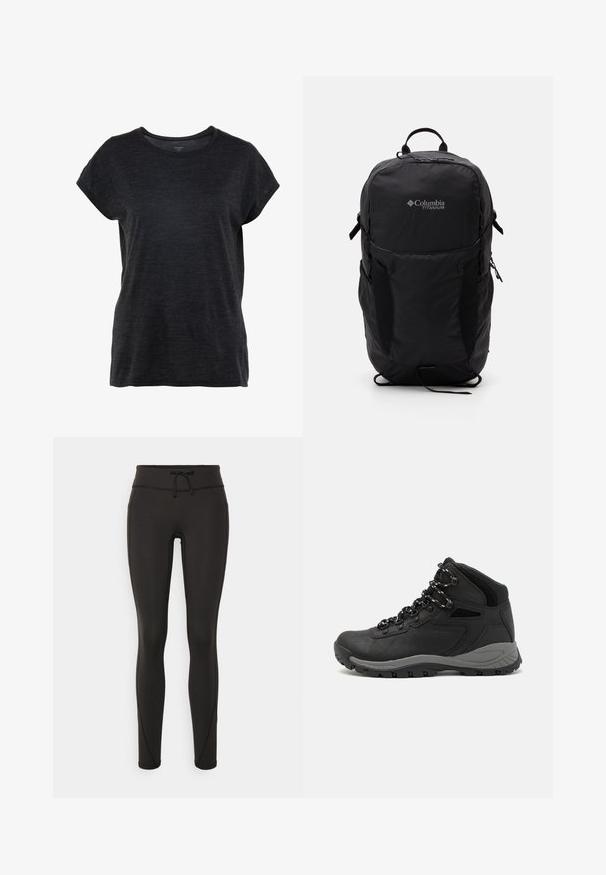 Mörkgrå kortärmad t-shirt med rund halsringning och avslappnad passform. Tyget har en mjuk, texturerad yta.; Svarta leggings med hög midja, snörning, slät textur och figurnära design. Har sömnadsdetaljer längs sidorna.; Svart vandringskänga med mellanhög design, som har en texturerad överdel, grå accenter och en slitstark gummisula med greppklackar.; Svart Columbia Titanium ryggsäck med en mjuk tygstruktur, sidofickor, handtag upptill och justerbara remmar. Minimalistisk design med diskret märkning.