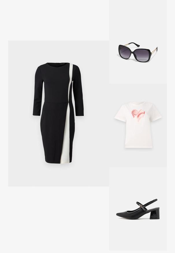Biela bavlnená tričko s grafickým motívom srdca v odtieňoch ružovej a koralovej farby, so vírivými abstraktnými vzormi v strede. Krátke rukávy, okrúhly výstrih.; Čierne šaty s trojštvrťovými rukávmi, so šikmým bielym pruhom. Vyrobené z hladkej látky, priliehavý pás a dĺžka po kolená.; Čierne lakované kožené lodičky so slingback dizajnom, špicatou špičkou, zaobleným výrezom a blokovým podpätkom. Obsahuje akcent zlatého tónu s prackou.; Čierne oversized slnečné okuliare s gradientovými sklíčkami, hrubými rámami a zlatým retiazkovým detailom na stranách.; Čierna taška na rameno vyrobená z syntetického materiálu, s jednoduchým obdĺžnikovým dizajnom, zlatými štvorcovými akcentami a dvojitými uchami.