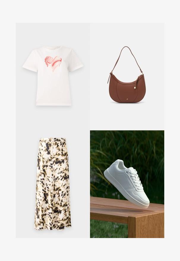 Witte katoenen t-shirt met een hartgrafiek in tinten roze en koraal, met draaiende abstracte patronen in het midden. Korte mouwen, ronde hals.; Een knielange rok van lichte stof met een abstract patroon in beige, bruin en groen. Heeft een aansluitende tailleband en een vloeiende vorm.; Witte sneaker met een gladde synthetische bovenkant, geperforeerde neus, platte veters en een gestructureerde zool, tentoongesteld op een houten oppervlak.; Bruine faux leren schoudertas met een gebogen vorm, minimale stiksels en een gouden hardware-accent. Voorzien van een bovenste ritsluiting en een verstelbare schouderband.