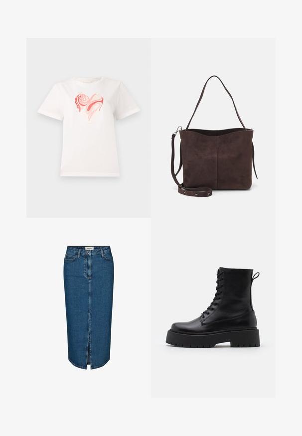 Camiseta de algodón blanca con un gráfico de corazón en tonos de rosa y coral, con patrones abstractos ondulantes en el centro. Mangas cortas, cuello redondo.; Falda lápiz de mezclilla en azul oscuro, con una abertura frontal, cinco bolsillos y costuras en contraste. Cintura de altura media con un diseño clásico.; Botas de cuero negras hasta el tobillo con punta redonda, cordones en la parte delantera y una suela de goma gruesa con un dibujo texturizado. Tirador en la parte trasera.; Bolso tote de ante marrón con una textura suave, que presenta una sola correa para el hombro y una sutil apertura curva en la parte superior. Sin detalles de herrajes visibles.