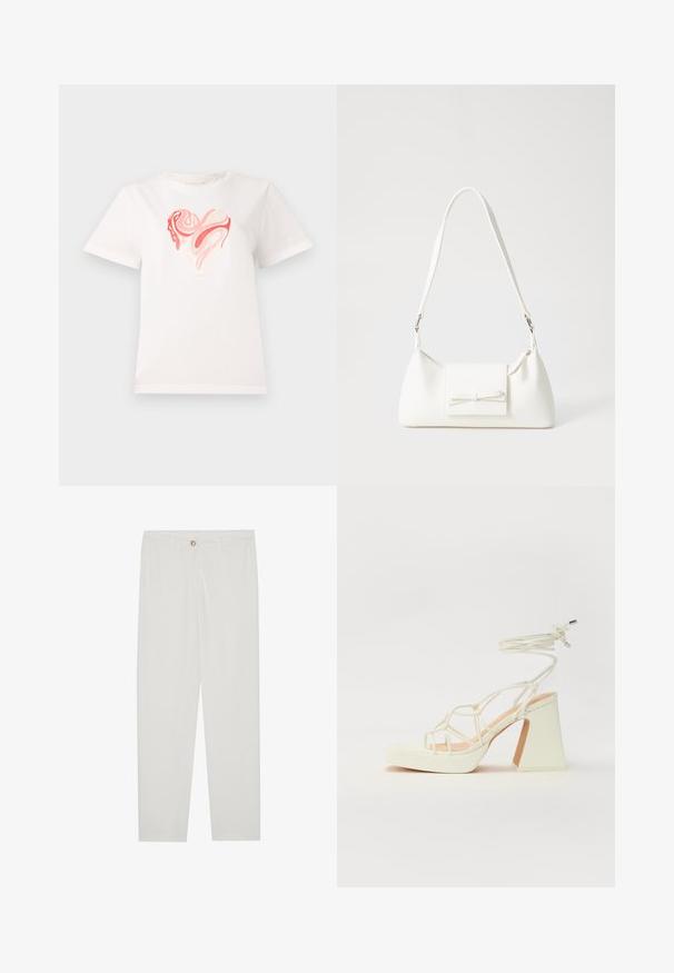 Hvit bomull t-skjorte med et hjertegrafikk i nyanser av rosa og korall, med sirkulære abstrakte mønstre i sentrum. Korte ermer, rund hals.; Hvite, skreddersydde bukser med rette ben, med knapplukking, beltehemper og sidelommer; glatt tekstur.; Hvit høyhælte sandal med kraftig hæl, med en stroppe-design og ankelbånd. Glatt tekstur med plattform foran for ekstra høyde.; Hvit syntetisk håndveske med trekantet form, flat klaff foran og sløyfe detaljer, justerbar stropp, glatt tekstur og minimalistisk design.