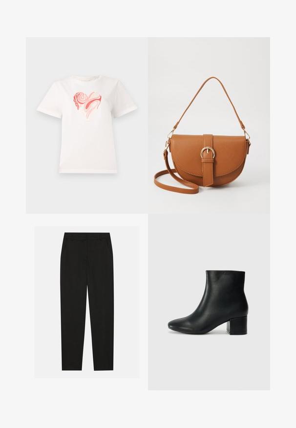 T-shirt branca de algodão com um gráfico de coração em tons de rosa e coral, com padrões abstratos em espiral no centro. Mangas curtas, decote redondo.; Calças pretas com um design ajustado, apresentando bolsos laterais e pernas retas. Feitas de um tecido suave e leve com um acabamento elegante.; Botas de tornozelo em pele preta com bico pontiagudo e um salto robusto. Textura suave com acentos mínimos e um design ajustado e elegante.; Bolsa transversal de couro castanho com um formato curvado, ferragens douradas e um detalhe de fivela. Inclui uma alça de ombro destacável.