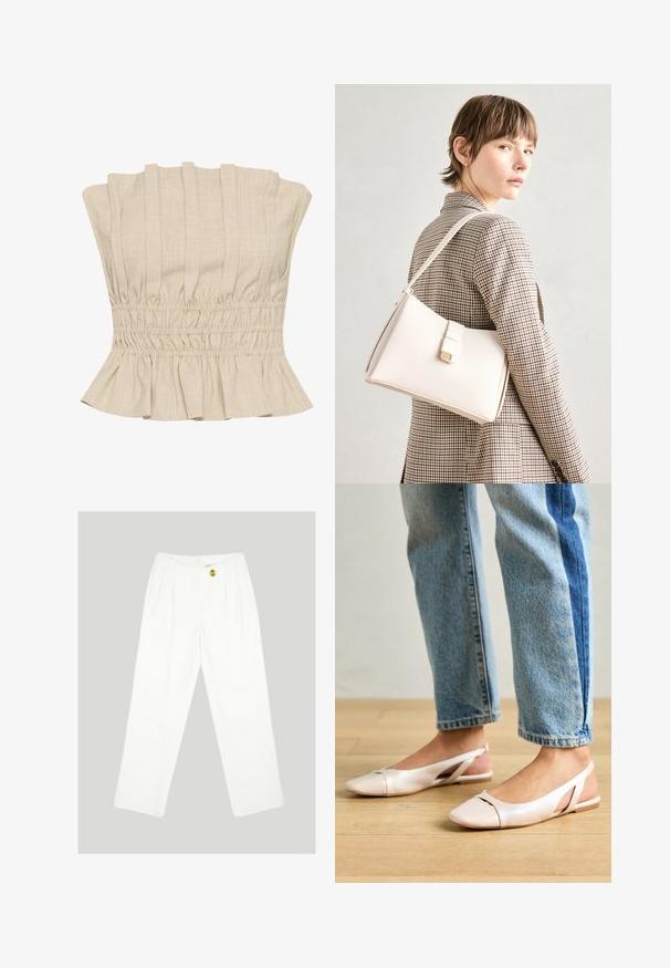 Krémový crop top s vertikálnymi plisovaním, naťahovacím pásom a volánovým spodkom. Vyrobený z ľahkej tkaniny s jemnou textúrou.; Biele nohavice s širokými nohavicami vyrobené z hladkej tkaniny. Majú jediné zapínanie na žltý gombík a plisovaný predný dizajn. Žiadne viditeľné vrecká.; Svetloružové slingback baleríny s jemne špicatou špičkou, vyrobené z hladkého materiálu pripomínajúceho kožu. Majú výrezové detaily na stranách a plochý opätok.; Biely kožený kabelka so štruktúrovaným dizajnom, s magnetickým uzáverom a ramenným popruhom, vystavená na neutrálnom pozadí.