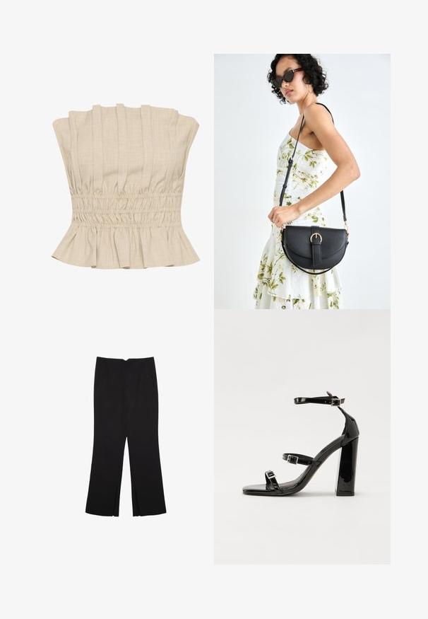 Beige cropped top med vertikale folder, smocket talje og volangkant. Fremstillet af et let stof med en blød tekstur.; Sorte bukser med lige pasform, der har frontlommer og slidser i kanten. Lavet af blødt, glat stof. Velegnet til forskellige anledninger.; Sorte patenterede hælsandaler med firkantet tå, ankelremme og sølvspænder. Har en chunky blokHæl for stabilitet.; Sort læderhåndtaske med en buet form, aftagelig rem og guldfinish. Tasken har en klap med en spænde detalje.