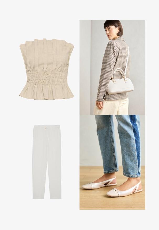 Beżowy krótki top z pionowymi fałdami, marszczonym pasem i falbaniastym wykończeniem. Wykonany z lekkiego materiału o miękkiej teksturze.; Białe, dopasowane spodnie z prostymi nogawkami, posiadające zapięcie na guzik, szlufki na pasek oraz kieszenie boczne; gładka tekstura materiału.; Jasnoróżowe baleriny na odkrytej pięcie z wąskim noskiem, wykonane z gładkiego materiału imitującego skórę. Posiadają wycięcia po bokach oraz płaski obcas.; Biała torebka o strukturalnym kształcie z krótkimi uchwytami i paskiem na ramię, z złotymi akcentami i teksturowanym materiałem, prezentowana na szarym tle.