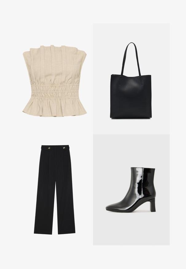 Top curto bege com pregas verticais, cintura franzida e barra com rufos. Confeccionado em um tecido leve com uma textura suave.; Calças largas pretas com cintura alta, detalhes em botão na cintura e pregas frontais.; Botim de tornozelo em pele sintética preta com bico apontado e salto bloco de altura média. Textura suave e design minimalista.; Bolsa tote preta em couro com textura lisa, forma retangular e duas alças longas. Sem hardware ou enfeites visíveis.