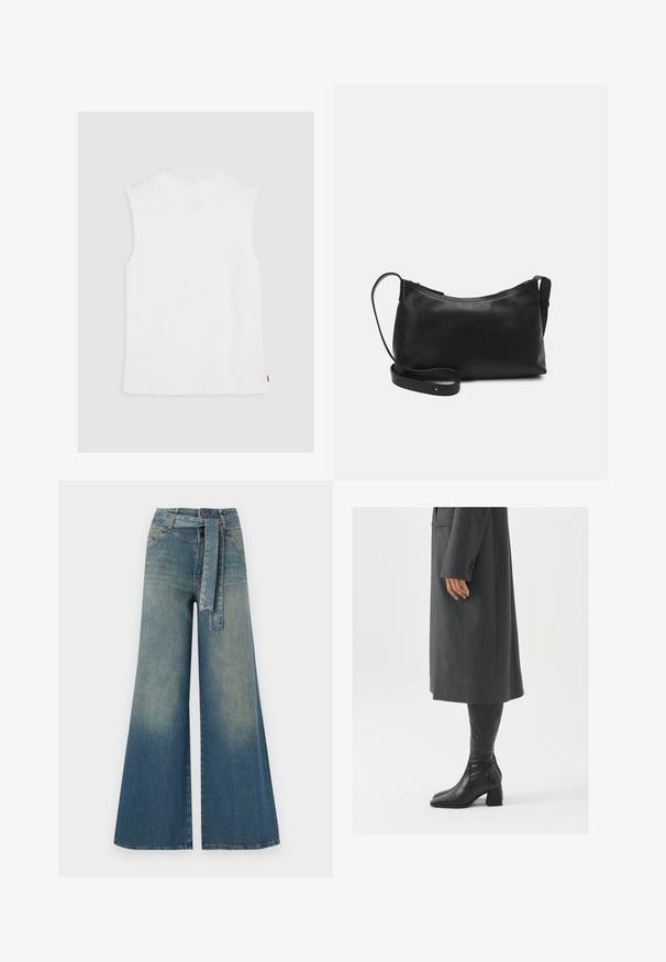 Top senza maniche bianco con scollatura alta, realizzato in materiale morbido, con orlo dritto e un piccolo etichetta rossa sul lato.; Pantaloni in denim a gamba larga con una sfumatura che va dal blu chiaro al blu scuro, vita alta, passanti per cintura e una cintura in tessuto coordinato. Finitura in denim strutturato.; Cappotto grigio su misura con taglio dritto; abbinato a stivali in pelle nera al ginocchio con punta quadrata e tacco grosso.; Borsa a spalla in pelle nera con una texture liscia, forma curva, tracolla regolabile e chiusura con zip. Design minimalista senza ornamenti.