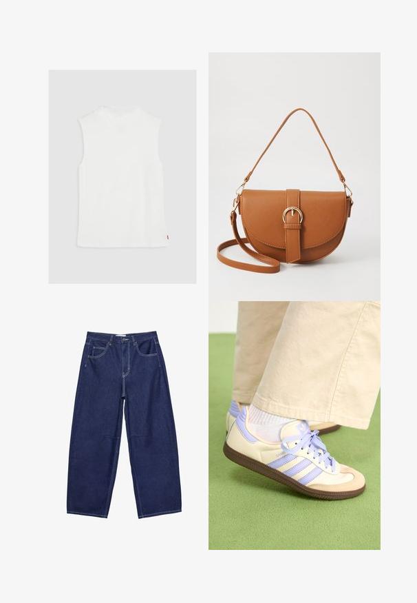 Weißes ärmelloses Oberteil mit hohem Kragen, aus weichem Material gefertigt, mit geradem Saum und einem kleinen roten Logofähnchen an der Seite.; Dunkelblaue Jeansweite Hosen mit hoher Taille, fünf Taschen und kontrastierenden weißen Nähten. Glatte Textur, klassisches Design.; Cremefarbene und lavendelfarbene Sneakers mit drei Streifen und einer strukturierten braunen Sohle, ausgestattet mit Schnürsenkeln und einer gepolsterten Ferse. Obermaterial aus weichem Stoff.; Braune Leder-Crossbody-Tasche mit geschwungener Form, goldfarbenen Beschlägen und einer Schnallenakzentuierung. Verfügt über einen abnehmbaren Schultergurt.