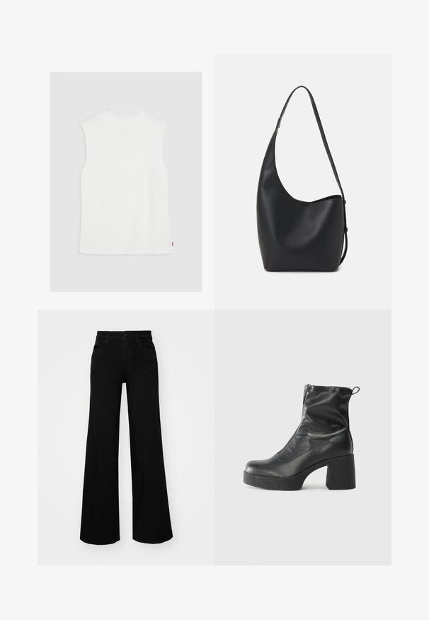 Bílý bezramínkový top s vysokým výstřihem, vyrobený z měkkého materiálu, s rovnými lemy a malou červenou štítkovou cedulkou na boku.; Černé široké kalhoty vyrobené z denimu, s pevným pasem, poutky na opasek a předními kapsami. Hladká textura s klasickým designem.; Černé kotníkové boty vyrobené z hladké kůže, s bočním zipem, robustním strukturovaným podpatkem a kulatou špičkou.; Černá kožená hobo taška s hladkým povrchem, zakřiveným tvarem a jedním nastavitelným popruhem; má široké otevírání nahoře.