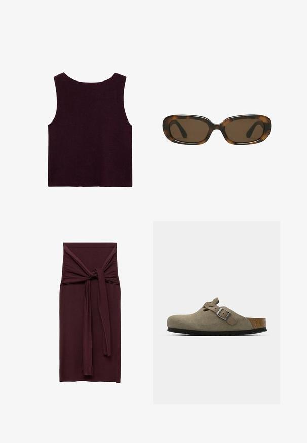 Burgundin värinen hihaton neulepaita, jossa on leveä pääntie ja istuva siluetti, sileä rakenne ja ilman näkyviä koristeluja.; Burgundin mekko, jossa on solmittu yksityiskohta vyötäröllä, valmistettu sileästä ja joustavasta kankaasta. Muotoon ommeltu siluetti suoran pituuden kanssa.; Korkkipohjaiset mokkanahkaiset klossit vaaleassa oliivinvihreässä. Varustettu metallisoljella ja pyöristetyllä varpaalla.; Aurinkolasit, joissa on kilpikonnakuosiset, sileät ja pyöristetyt suorakulmaiset kehykset sekä ruskeat linssit. Ominaisuuksiin kuuluu ohuet, kaarevat sangen osat kiiltävässä viimeistelyssä.; Kudottu oljetikassi, jossa on punottu rakenne, tummanruskeat nahkakahvat ja pohja, leveä pyöreä muoto ja avoin ylhästä muotoilu.