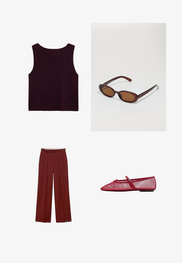 Burgundská bezrukávová pletená halenka, s širokým výstřihem a přiléhavým střihem, s hladkou texturou a bez viditelných ozdob.; Široké kalhoty v tmavě červeném odstínu, s vysokým pasem, plisováním vpředu a hladkým, texturovaným materiálem.; Červené síťované baletní lodičky s špičatou špičkou, které mají tenký pásek a detaily s přezkou. Vrchní část má otevřený vzor včelí plástve.; Kulaté sluneční brýle hnědé barvy s lesklým burgundským rámem. Úzké nožičky s jemným logem. Rovné čočky.