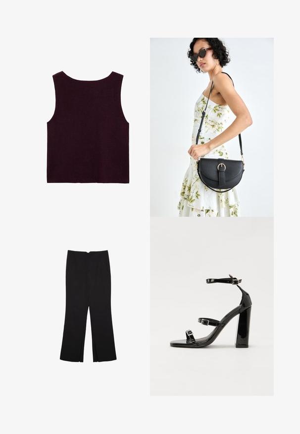 Burgunderfarbene ärmellose Strickoberteil mit weitem Ausschnitt und taillierter Silhouette, mit glatter Textur und ohne sichtbare Verzierungen.; Schwarze Hose mit geradem Schnitt, ausgestattet mit Fronttaschen und Seitenschlitzen am Saum. Hergestellt aus weichem, glattem Stoff. Geeignet für verschiedene Anlässe.; Schwarze Lackleder-Sandalen mit hohen Absätzen, zwei Riemen mit Schnallen, quadratischer Zehenpartie und klobigem Blockabsatz, mit einer glatten, glänzenden Textur.; Schwarze Lederhandtasche mit geschwungener Form, abnehmbarem Tragegurt und goldenen Beschlägen. Die Tasche verfügt über einen Deckel mit einer Schnallen-Details.