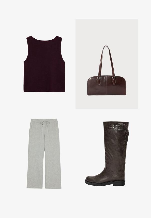 Burgunderfarbene ärmellose Strickoberteil mit weitem Ausschnitt und taillierter Silhouette, mit glatter Textur und ohne sichtbare Verzierungen.; Hellgraue Jogginghose aus weichem, strukturiertem Stoff mit einem Kordelzugbund und Seitentaschen; weit geschnitten und lässig.; Braune Lederstiefel bis zum Knie mit strukturiertem Finish, ausgestattet mit einer Schnalle und Druckknopf-Akzenten an der Seite sowie einer flachen Gummisohle.; Braune Ledertasche mit zwei langen Tragegriffen, einer strukturierten rechteckigen Form, glatter Textur und abgerundeten Kanten. Besitzt Akzentdetails an den Griffen.