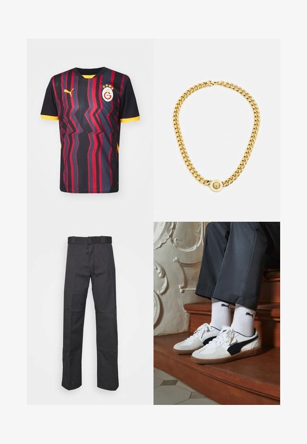 Camisola de futebol de manga curta em preto com riscas zigzag vermelhas, detalhes amarelos, um logo da Puma e um emblema circular da equipa com três estrelas.; Calças pretas feitas de um tecido resistente, com um design de perna reta, uma cintura com passantes para cinto e costuras para adicionar textura.; Ténis Puma em camurça branca e preta, com uma sola de borracha castanha. Combinados com meias brancas exibindo um logótipo preto, usados com calças escuras.; Colar de corrente de ouro com grandes elos interligados, apresentando um detalhe em forma de pêndulo circular no centro com um emblema saliente.