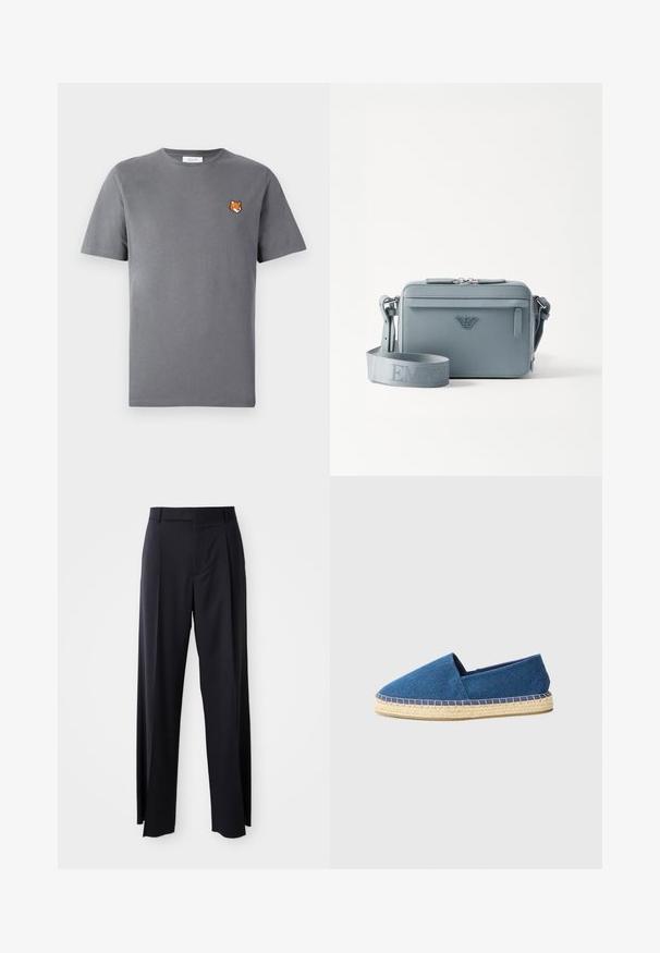 Gray cotton t-shirt featuring a small orange fox head embroidery above the left chest. Crew neck, short sleeves, and a classic fit.; Black, high-waisted trousers with a wide-leg cut, made of smooth fabric. Features front pleats and belt loops. Minimalistic design, no visible hardware.; Blue canvas espadrille with a closed toe, jute outsole, and stitched trim. Smooth fabric texture and low profile design.; Blue structured crossbody bag made of textured material, featuring a zip closure, front pocket, and adjustable strap with "EMPOR" branding.