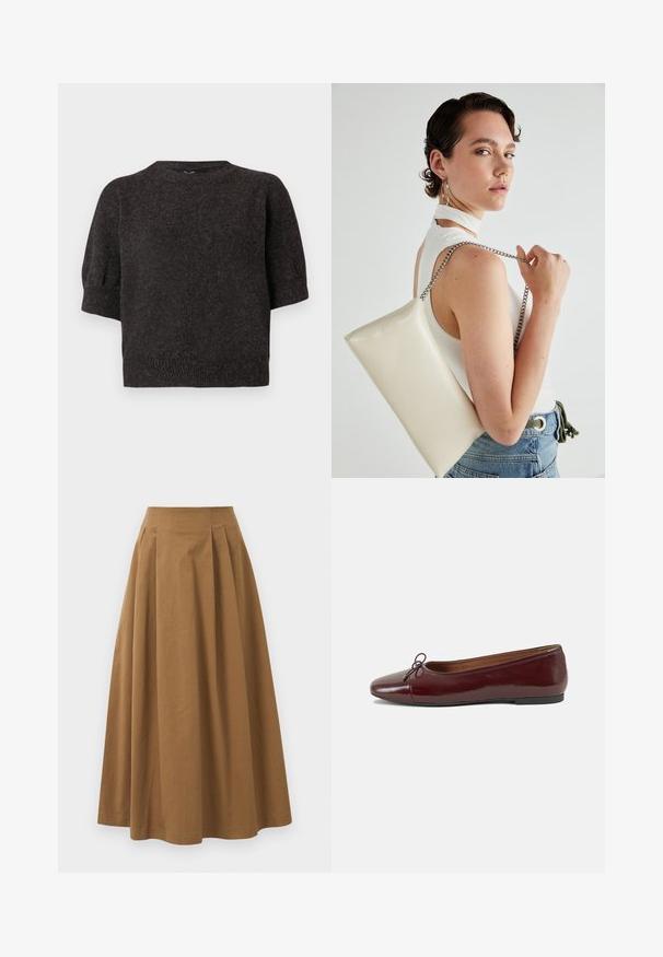 Mørkegrå, kortermet genser med strikket tekstur, ribbestrikket hem, rund halsringning og lett puffede ermer, laget av et mykt og koselig stoff.; Brun bomull A-linje skjørt med høy midje, med folder foran og en jevn tekstur. Kantene er rene og enkle.; Burgunderrød lakk lær ballettleilighet med rund tå, liten sløyfe foran og en lav, svart gummisåle. Glatt tekstur.; Hvit rektangulær clutch-veske laget av blankt materiale, med en sølvkjede-stropp. Modellen poserer og viser vesken mot en ensfarget bakgrunn.