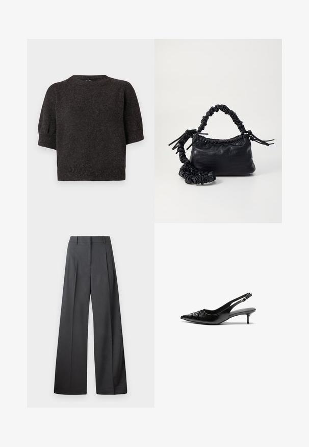 Tamno sivi kratki rukav džemper, pletena tekstura, rebrasti rub, okrugli izrez i blago napuhnuti rukavi, izrađen od mekog, udobnog materijala.; Hlače širokih nogavica u tamnosivoj tkanini, s visokim strukom, jednim naborom i glatkom teksturom s urednim završetkom na rubovima.; Crne kožne sandale na petu s ikkrenim nosom, malom kitten petom i dekorativnom mašnom sprijeda. Glatka tekstura svuda.; Crna torba od umjetne kože s teksturom krokodila, s cinčanim vrhom i naboranom trakom. Izgleda mekano i kompaktno u dizajnu.