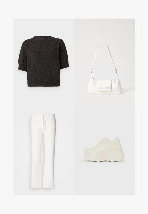 Donkergrijze korte mouwen trui, gebreide textuur, geribde zoom, ronde halslijn en licht opgeblazen mouwen, gemaakt van een zachte, comfortabele stof.; Witte, relaxed-fit joggingbroek van zachte stof, met een elastische tailleband en een trekkoord, en een rechte pijp.; Witte platform sneakers met een gladde leren bovenkant, afgeronde vorm, gewatteerde kraag en een gestructureerde rubberen zool met duidelijke profiel.; Witte synthetische handtas met een driehoekige vorm, platte voorklep en strikdetail, verstelbare schouderriem, gladde textuur en minimalistisch ontwerp.