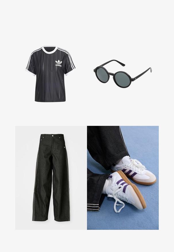 adidas Originals ADICOLOR 3-STRIPES PINSTRIPE - Tricou cu imprimeu - black; Pantaloni din denim negri, cu croi larg, având dungi albe pe laterale, cu buzunare frontale, închidere cu nasturi și un logo subtil aproape de talie.; Pantofi sport albi cu dungi mov și tălpi din cauciuc maroniu, având șireturi rotunde și o guler căptușit. Purtați cu pantaloni din denim închisi la culoare.; Ochelari de soare rotunzi cu ramă din plastic negru și lentile de culoare gri închis. Au brațe subțiri și drepte, cu accente minimaliste.