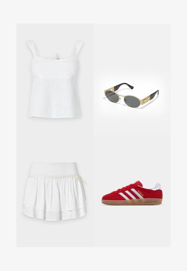 Weißes Leinenoberteil mit lockerer Passform, verstellbaren Trägern und einem Bindedetail am Ausschnitt, glatter Textur und leichtem Design.; Rot-weiß kariertes Stoffoberteil mit quadratischem Ausschnitt, gerafftem Design, verstellbarem roten Bindeband und weißen Spitzenakzenten entlang der Kanten.; Weißer Stufenrock mit elastischem Bund, der mit einem strukturierten Rüschenmuster und einem dekorativen Bandakzent versehen ist. Baumwollstoff.; Rote Wildleder-Sneaker mit weißem Dreistreifen-Design und goldenem "Gazelle"-Schriftzug. Besitzt eine Gummisohle und eine strukturierte Ferse.; Ovale Sonnenbrillen mit einem goldenen Metallrahmen und grauen Gläsern. Mit schwarzen Acetatbügeln, goldenen Akzenten und Logo-Details an den Seiten.; Halskette aus roségold mit einem Schwanenanhänger, verziert mit klaren Kristallen. Die Kette hat ein zartes Glieddesign.