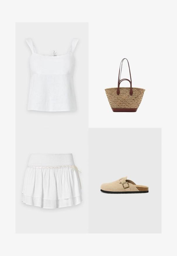 Weißes Leinenoberteil mit lockerer Passform, verstellbaren Trägern und einem Bindedetail am Ausschnitt, glatter Textur und leichtem Design.; Weißer Stufenrock mit elastischem Bund, der mit einem strukturierten Rüschenmuster und einem dekorativen Bandakzent versehen ist. Baumwollstoff.; Beige Wildleder-Slipper mit einem Korkfußbett, runder Zehenpartie und einem einfachen Riemen mit einer goldfarbigen Schnalle. Gummi-Sohle für besseren Halt.; Geflochtene Strohttasche mit geflochtener Textur, dunkelbraunen Ledergriffen und Boden, breiter runder Form und offenes Oberteil.